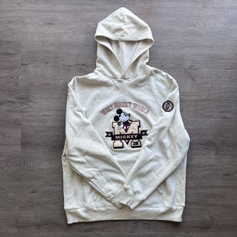 Walt Disney World Mickey Mouse Spell Out Hoodie Cream Embroidered Pullover L